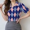 Simple and Personalized Checkered Printed Women's Short Sleeved Lapel Shirt, Summer Fashion, Daily Versatile, Gentle Top
