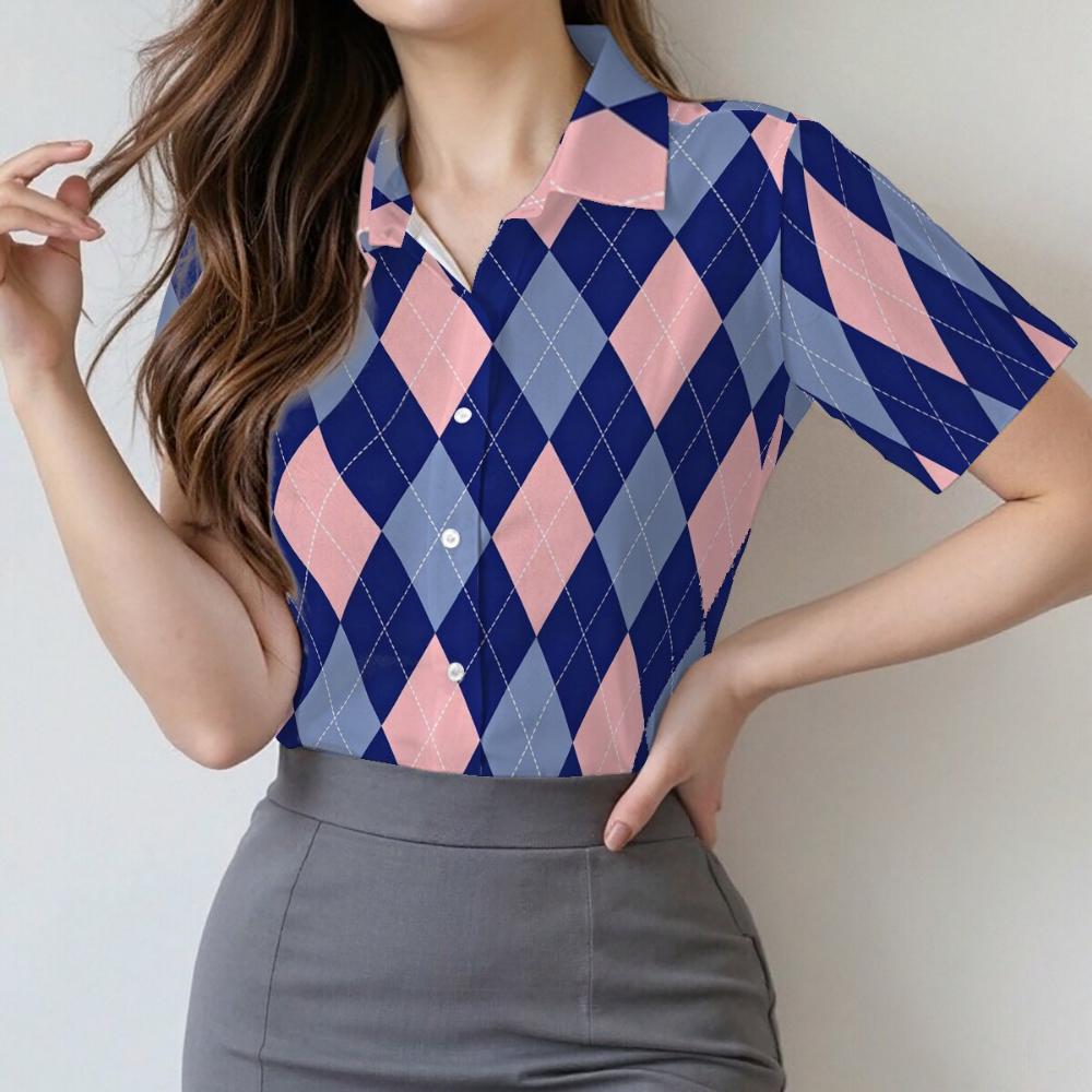 Simple and personalized checkered printed women s short sleeved lapel shirt, summer fashion, daily versatile, gentle top XL