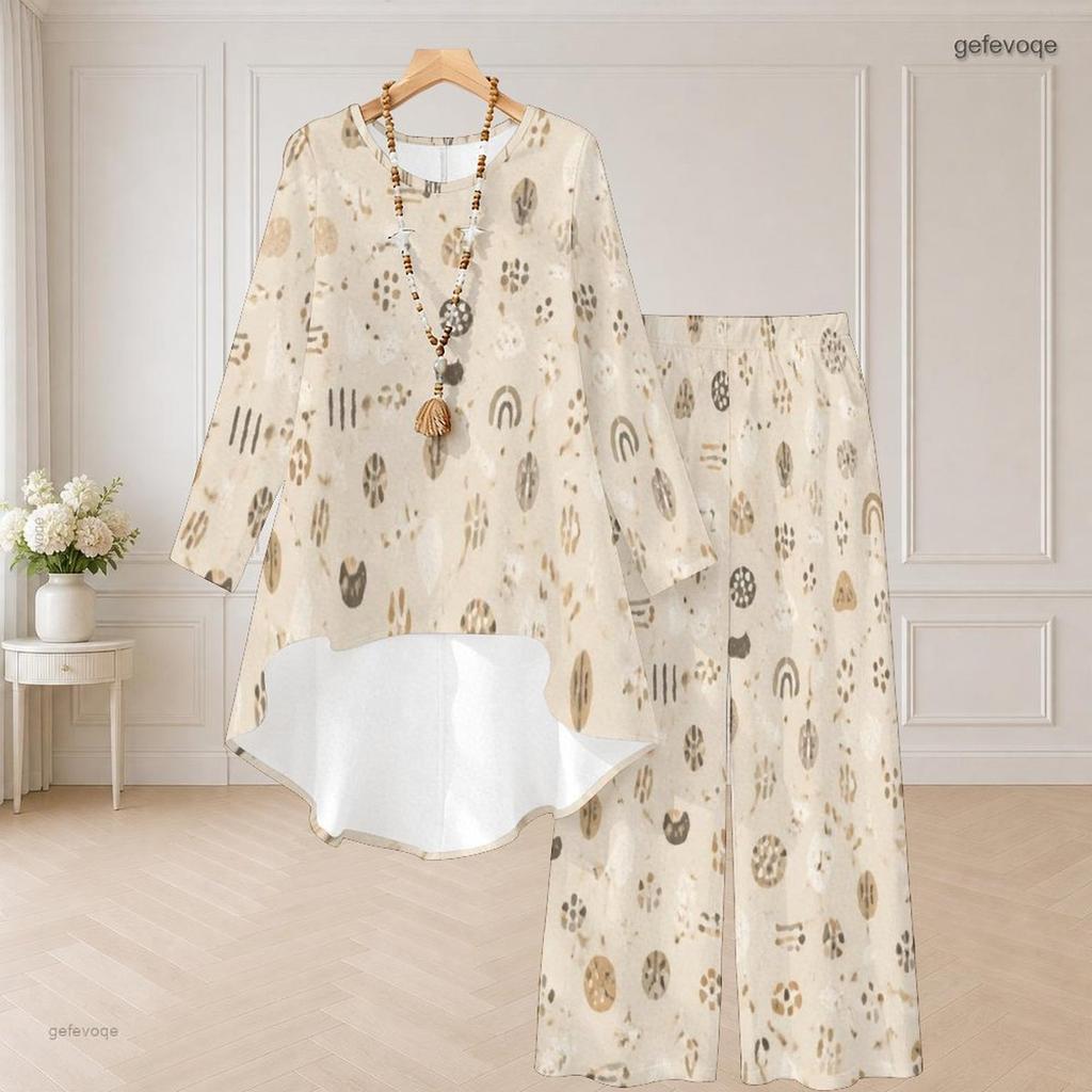 Women Plus Size Beige Brown Printed Round Neck Long Sleeve High Low Top Wide Leg Pants Two Piece Set