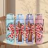 1PC Plaid Bow Wooden Cross Floral 750ml Color Plastic Sports Water Bottle Leakproof Flip Straw Lid Suitable for Sports Office Home Use