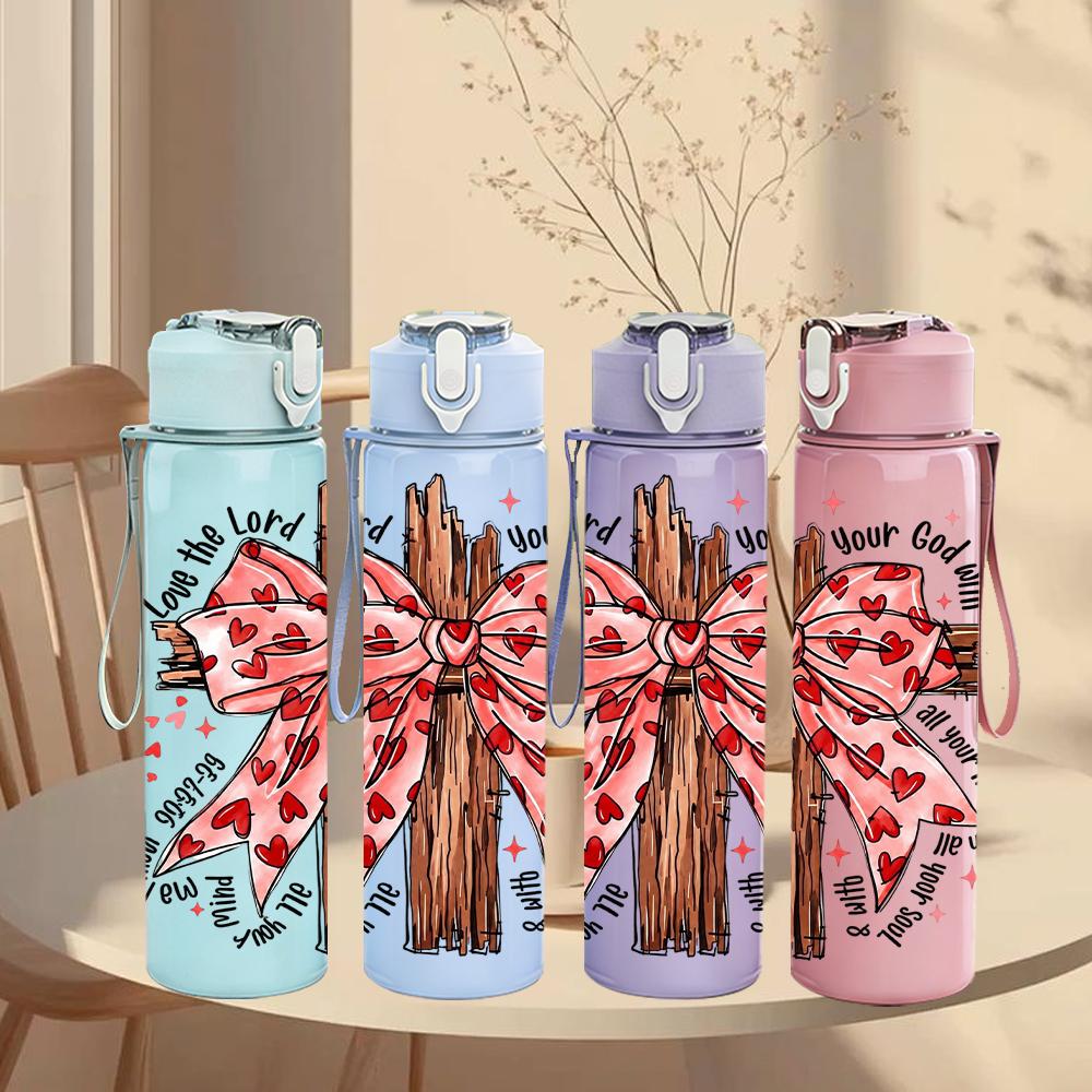 1PC Plaid Bow Wooden Cross Floral 750ml Color Plastic Sports Water Bottle Leakproof Flip Straw Lid Suitable for Sports Office Home Use