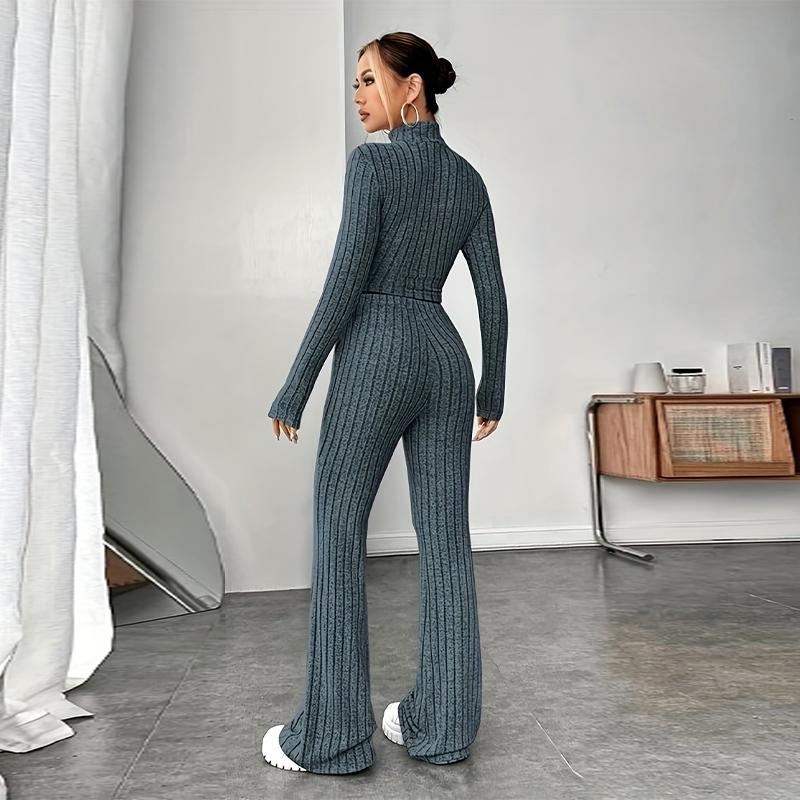 Women's Knitted Pullover Pants Two Pieces Set Slim Long Sleeved Mock Neck Top High Waist Wide Leg Pant Outfits
