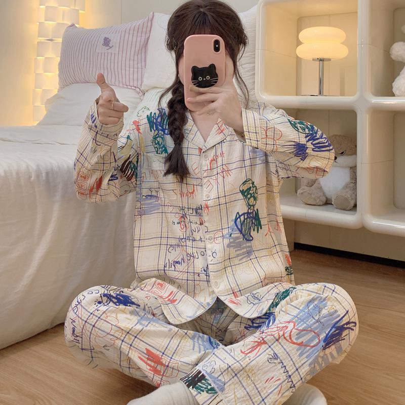 Cloud Cotton Korean Style Striped Plaid Pajama Set: Long Sleeve Cardigan & Pants for Indoor/Outdoor Wear, Real Shot.