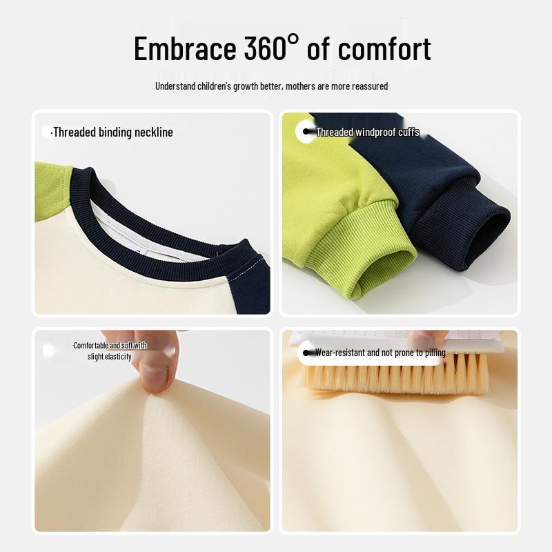 Chłopięca Bluza z Kolorowymi Panelami, Rękawami Raglanowymi i Okrągłym Dekoltem - Pogrubiona, Styl Wiosna/Jesień, Opcja Personalizacji Logo, Odzież Codzienna