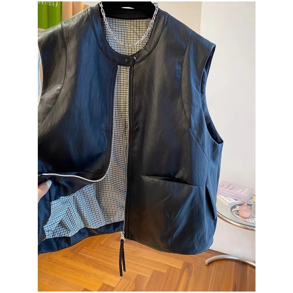 Leather Vest Jacket Women's Spring and Autumn Loose Sleeveless Vests Waistcoat Tops Casual Women Coat