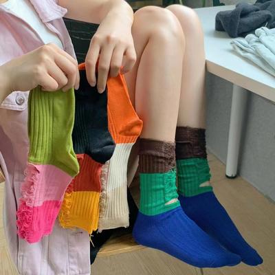 Socks Female New Color Matching Holes Street Internet Celebrities European And American Style Solid Color Trend Long Tube Beggar Socks