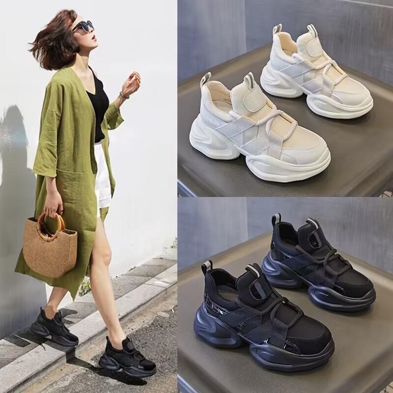 Fashion Leather Platform Shoes  Women's New Black Thick Soles Internal Height Increasing Sports Shoes White Sneakers Women