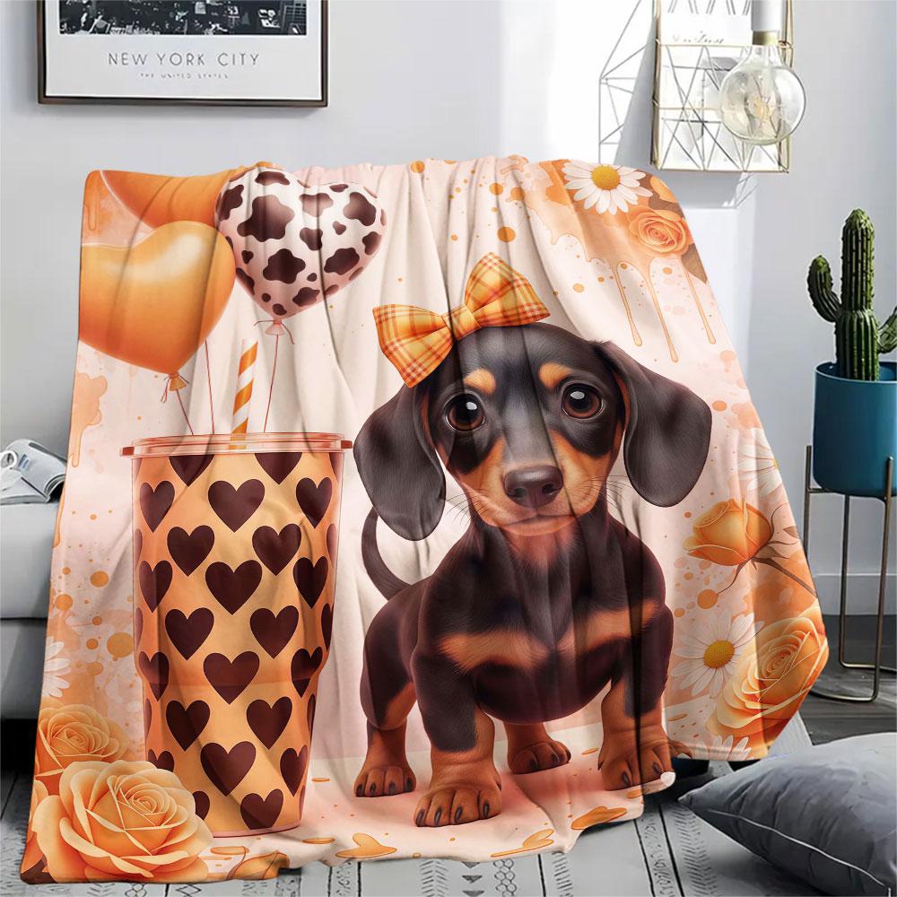 1Pc Dachshund Print Flannel Blanket, High quality Comfortable for All Seasons, Home Decor, Warmth and Comfort, Perfect for Christmas Gifts