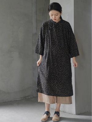Women Chinese Style Stand Dress Dot Cotton Linen Autumn Black Cheongsam Nine Sleeve Women A-Line Dress