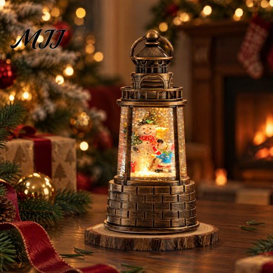 Sparkling Snowflake Christmas Gift Lighthouse Snow Lantern, Musical Lighted Ball Swirling Battery Powered Snowing Lantern Glitter Water for