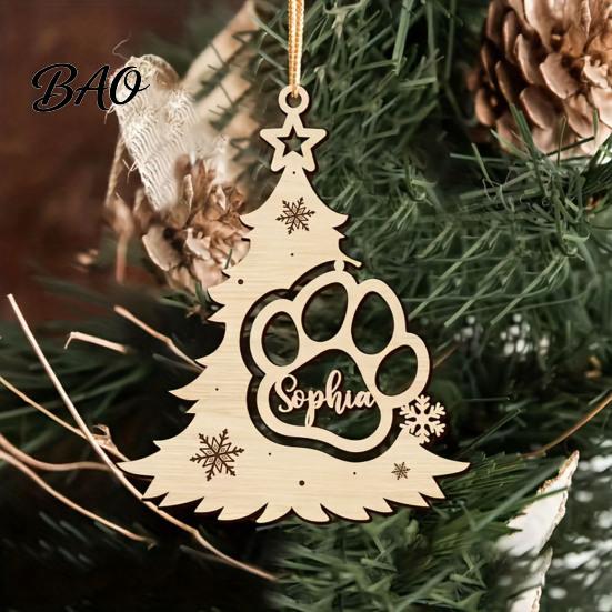 Wooden Christmas Tree Ornaments Wood Pendant with Paw Print, Hollow Engraved Hanging Natural Craft Ornament, Rustic Style for Holiday Party Home Decor