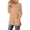 Women's Striped Printed Round-neck Long-sleeved Top With Pockets And Side Slits