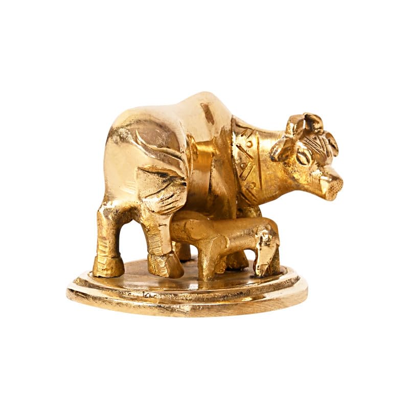 Pure Brass Kamdhenu Cow With Calf Idol, For Good Luck, Feng Shui & Showpiece