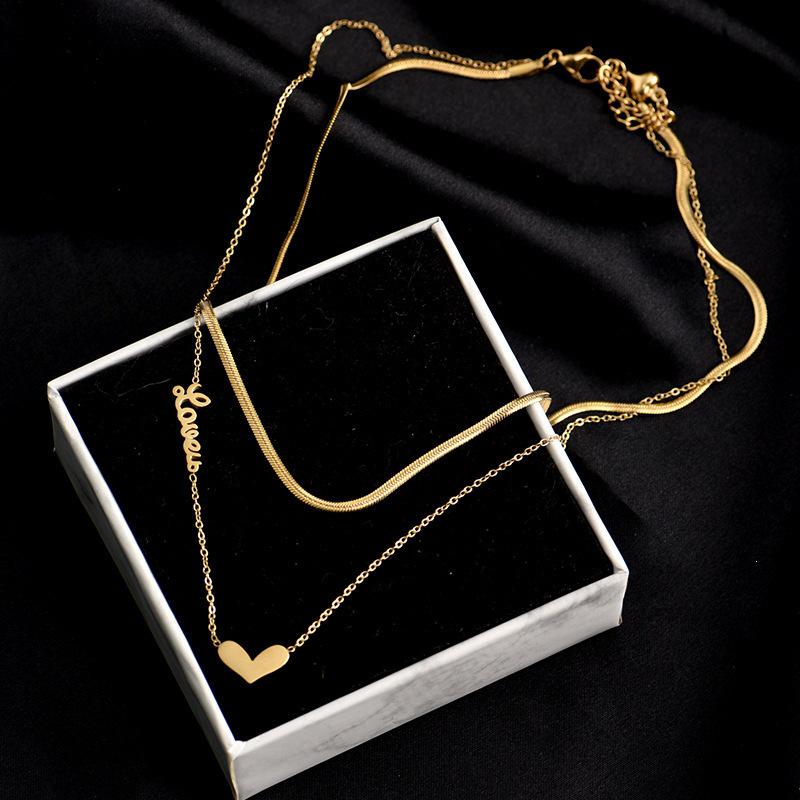 Double-Layer Heart and Snake Bone Necklace - Titanium Steel, Non-Fading, Trendy Minimalist Style for Women