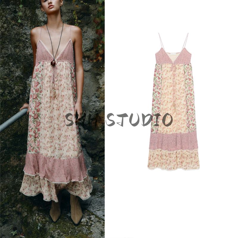 Summer New Product Women's Clothes Seaside Vacation Style V Neck Sleeveless Flower Patchwork Long Braces Dress 5770223