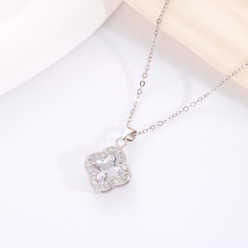 Diamond-Accented Four-Leaf Clover Pendant S925 Sterling Silver Necklace - Elegant and Versatile Collarbone Chain 925 Sterling Silver