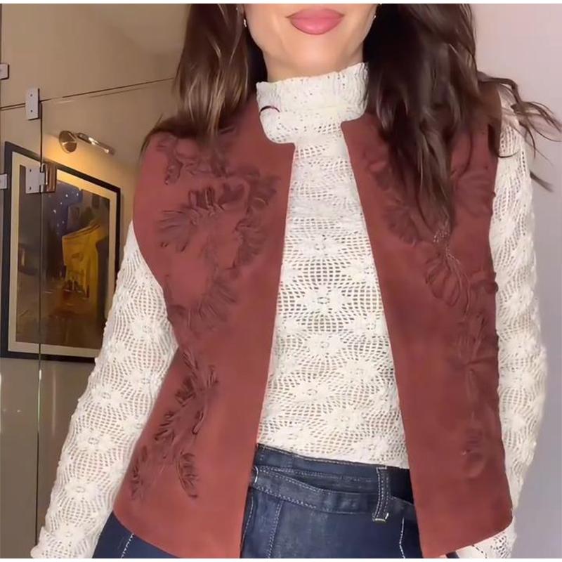 Vintage Solid Color Women Coat Vest Fashion O-neck Sleeveless Embroidery Female Coats 2025 Spring Autumn Urban Lady Streetwear