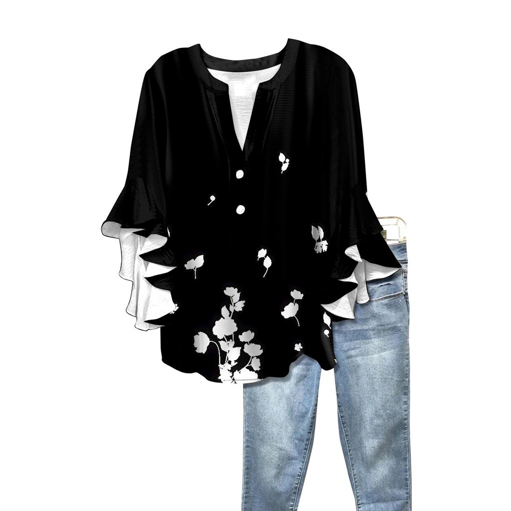 Sommar Damtoppar V-ringad Sjuärmad Skjorta Vår Sommar Blommönstrade Toppar Casual Skjorta