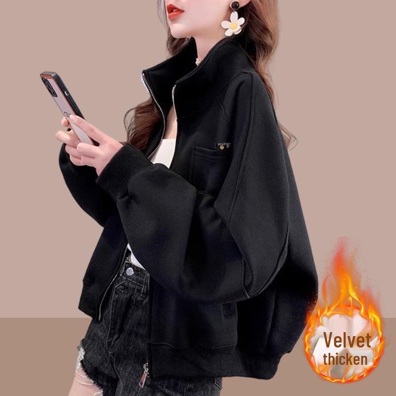 2025 Women's Casual Plus Size Fleece-Lined Baseball Jacket - Spring/Autumn Loose Cardigan Top