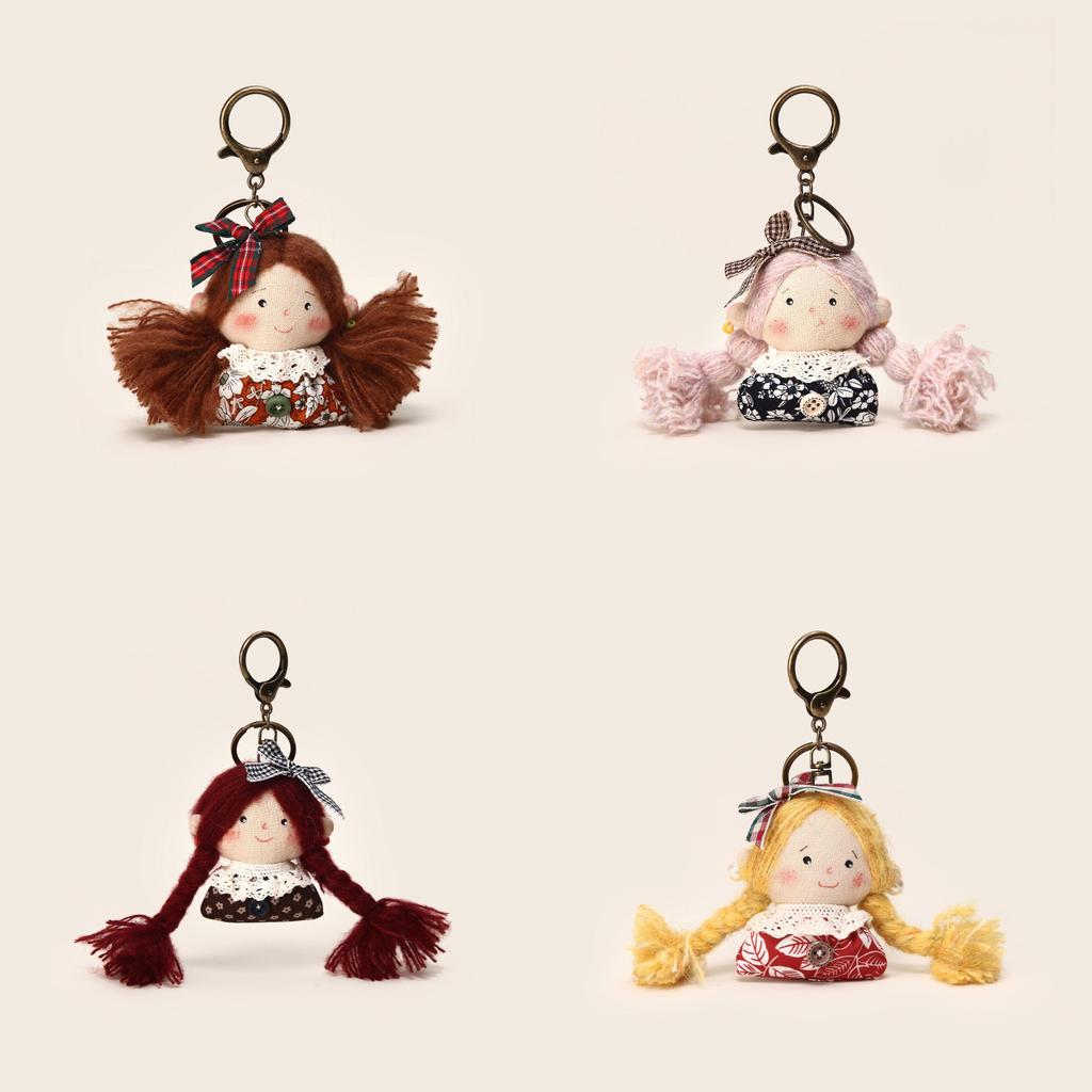 Handmade Korean Plush Doll Keychain With Floral Print Dress Checkered Bow Decor For Gift And Decoration