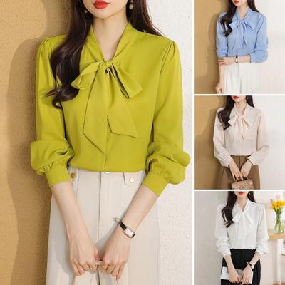 Camisa de mujer con cordones y cuello de lazo, camisa informal de manga larga, camisa holgada de gasa de color liso, blusa para uso diario