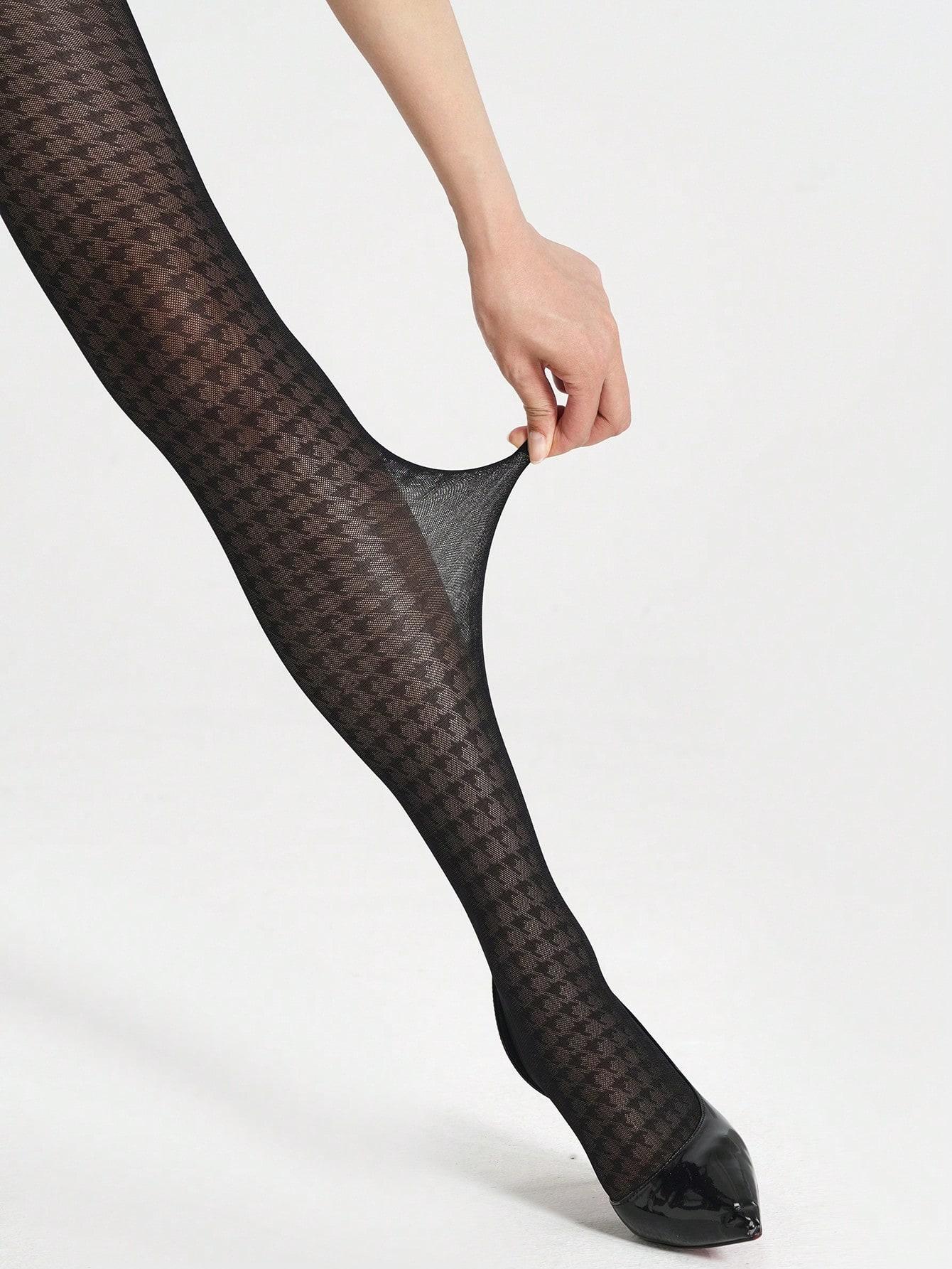 

1 Pair Women Houndstooth Pattern Sheer Tights Nylon Sexy See Through Pantyhose For Daily & Party L