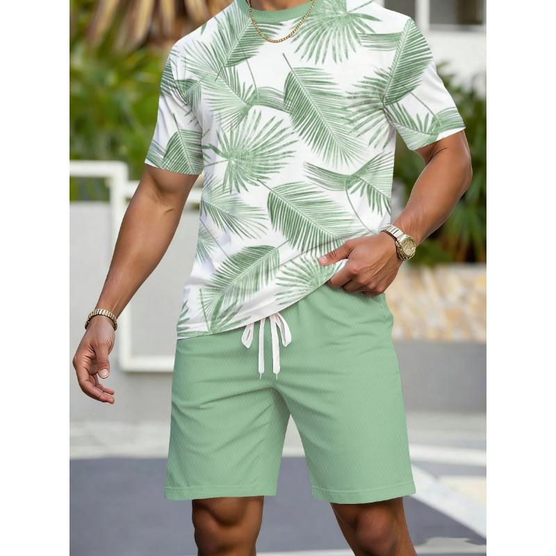 Men's Sports Short Sleeve Top Shorts Set Plus Size Breathable Basketball Sports Clothing Palm leaf Print T-shirt Shorts 2-piece Set