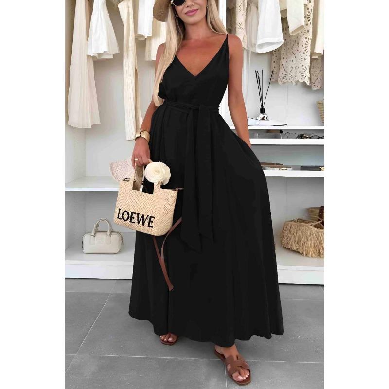 DAFIFY Women's Fashion Summer Spring Solid Color Print Sleeveless V-Neck Loose Waistline Casual Dresses