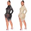 X5216 Sexy Nightclub Mesh See-through Beaded Tassel Dress with Long Sleeves