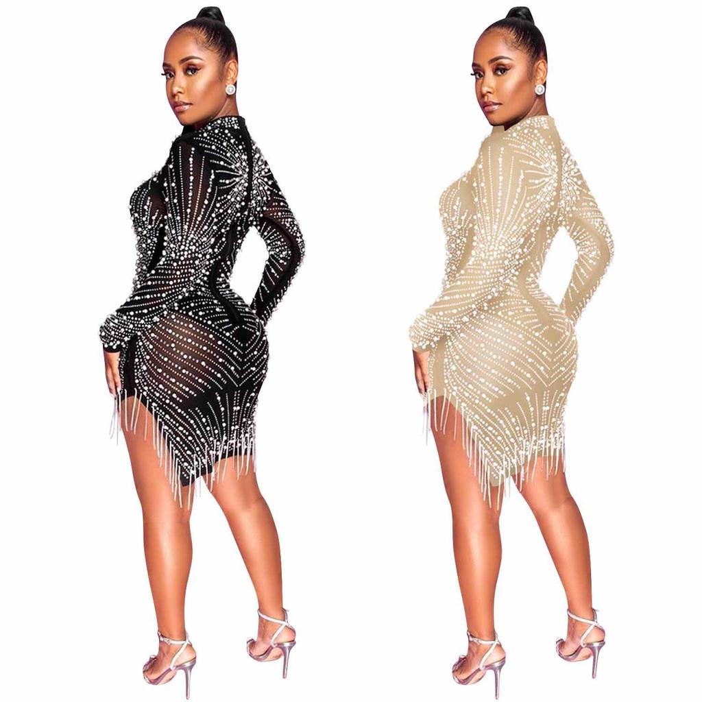 X5216 Sexy Nightclub Mesh See-through Beaded Tassel Dress with Long Sleeves