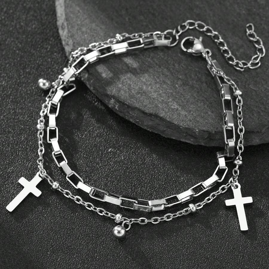 Men Silver Cross Bracelet Double Layer Chain Religious Gift