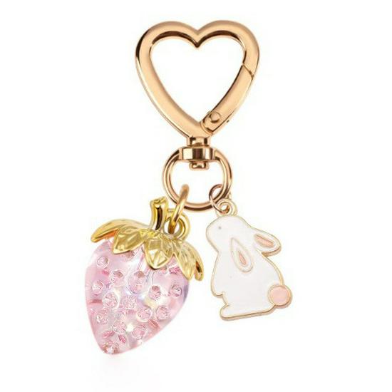 Peach Heart Strawberry Flower Keychain - Heart-Shaped Bag or Car Pendant