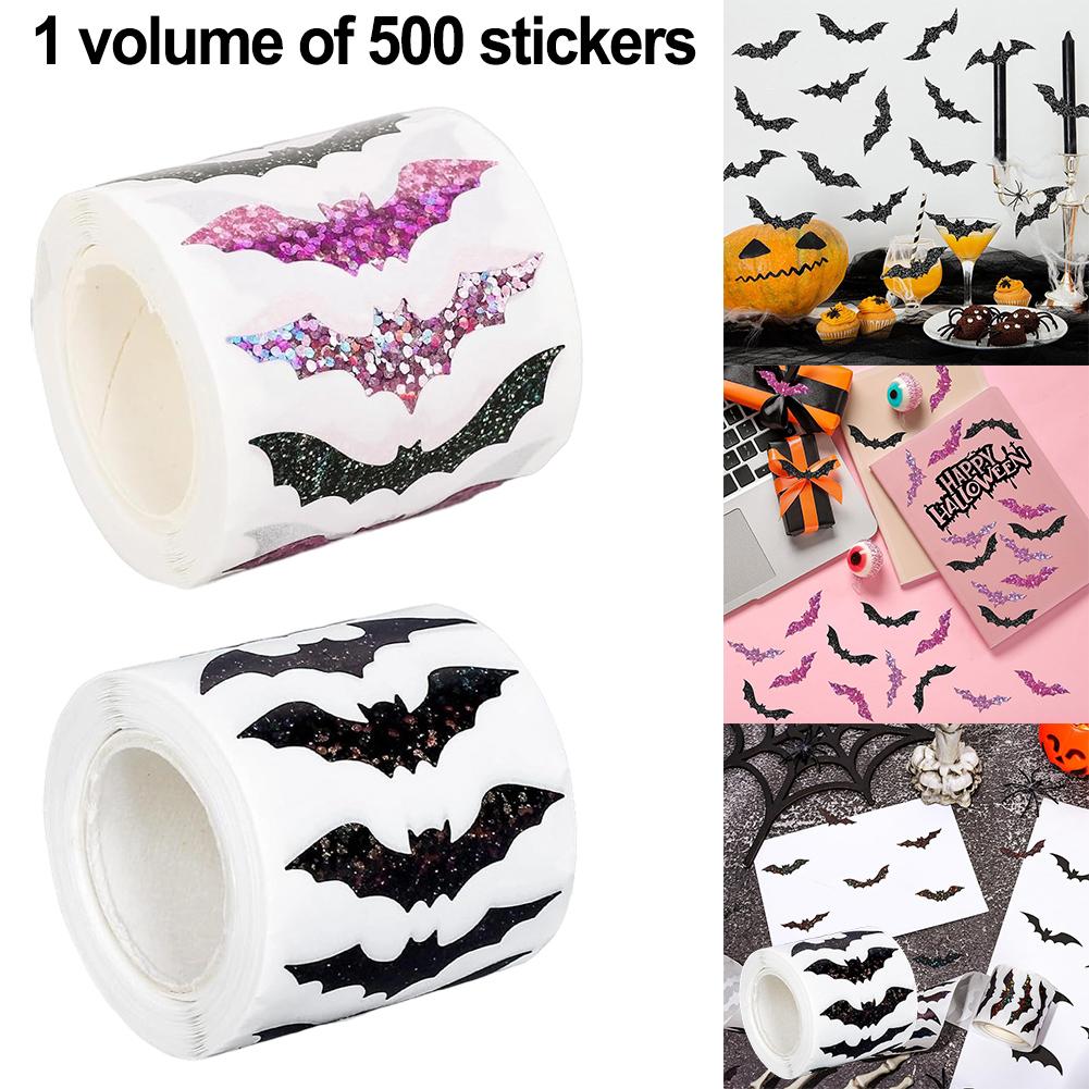 111pcs Halloween Bat Stickers Roll Black Bat Shape Waterproof Decals Sparkly Self-Adhesive Stickers For Halloween Party