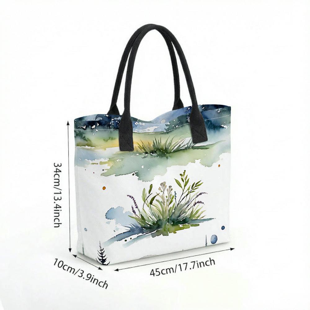 Watercolor Grass Landscape Tote Bag Casual Large Capacity Shoulder Handbag For Daily Use