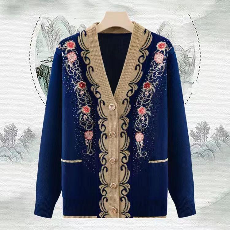 Ethnic Style Women's Thick Cardigan  Autumn Winter Embroidered Rhinestone V-Neck Knit Cardigan