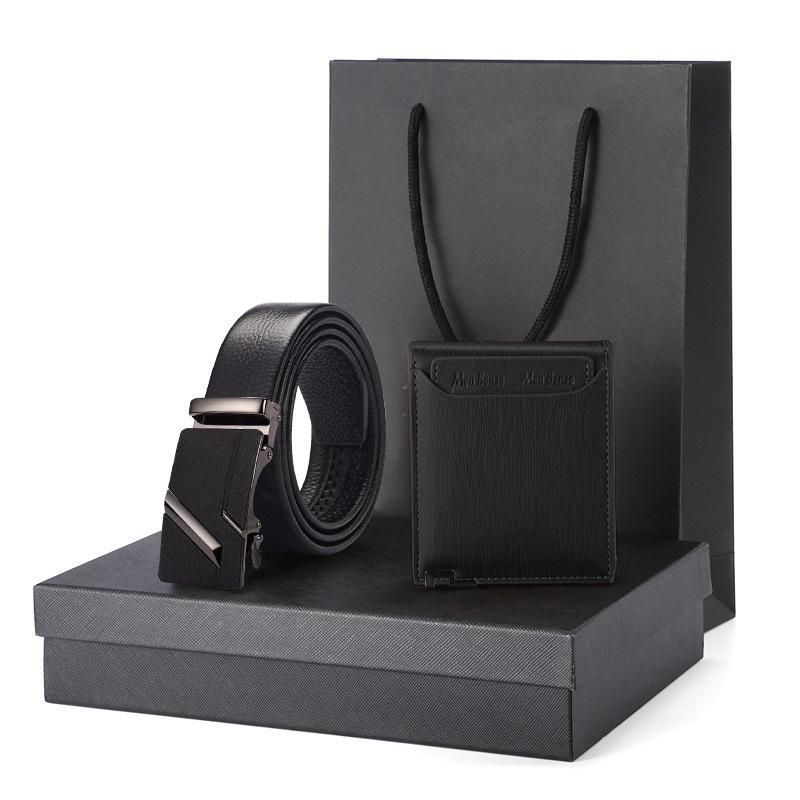 Men's Business Gift Set: Cowhide Wallet with Automatic Buckle Belt