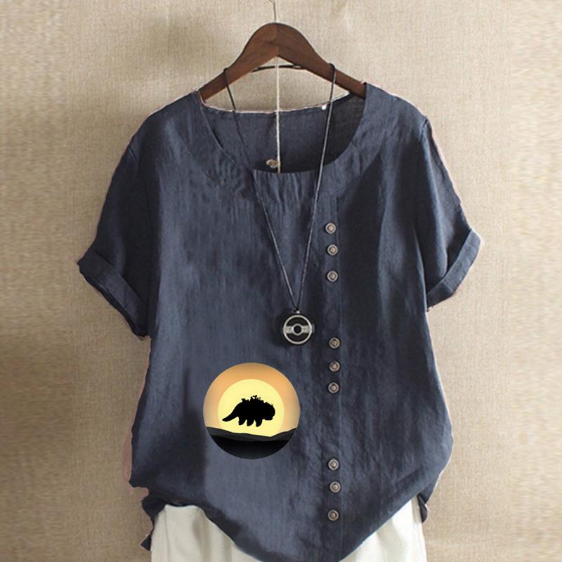 Women's Fashion Round Neck Short Sleeve T-shirt Casual Cotton Linen Graphic Shirt Shadow Prined Summer Blouse Tops Plus Size