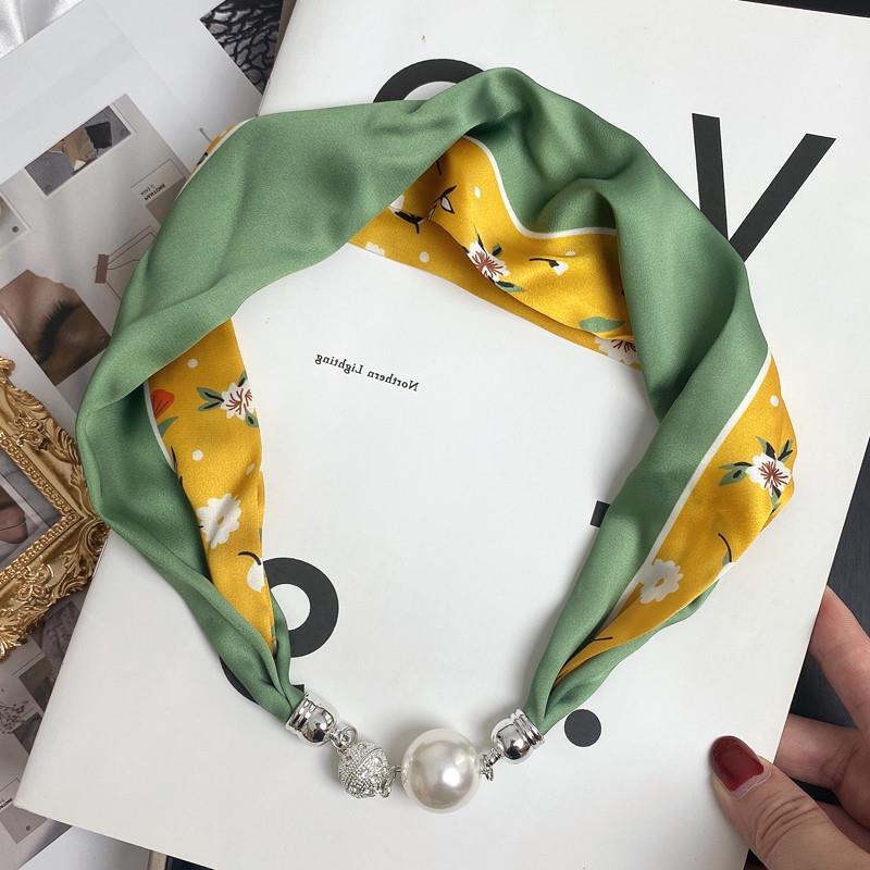 New Luxury Design Magnetic Pearls Button Silk Scarf Women Summer Neck Ornament Silk Scarves Lady Shirt Sunscreen Decoration Gift