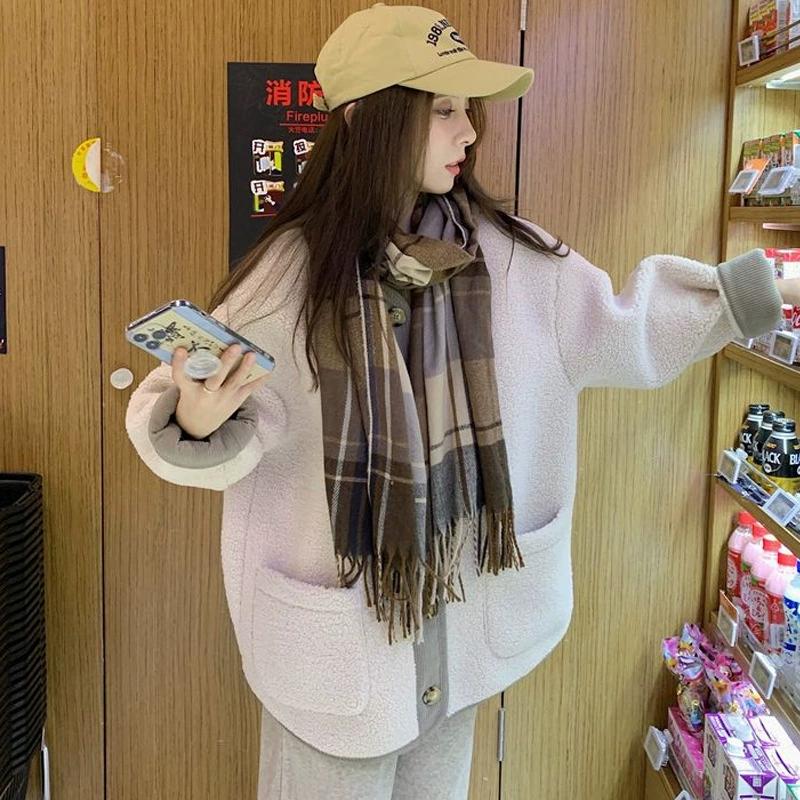 Winter Thick Contrasting Retro Lamb Style Loose Women's Clothing Round Neck Mid Length Cardigan Trend All-match Chic Coats
