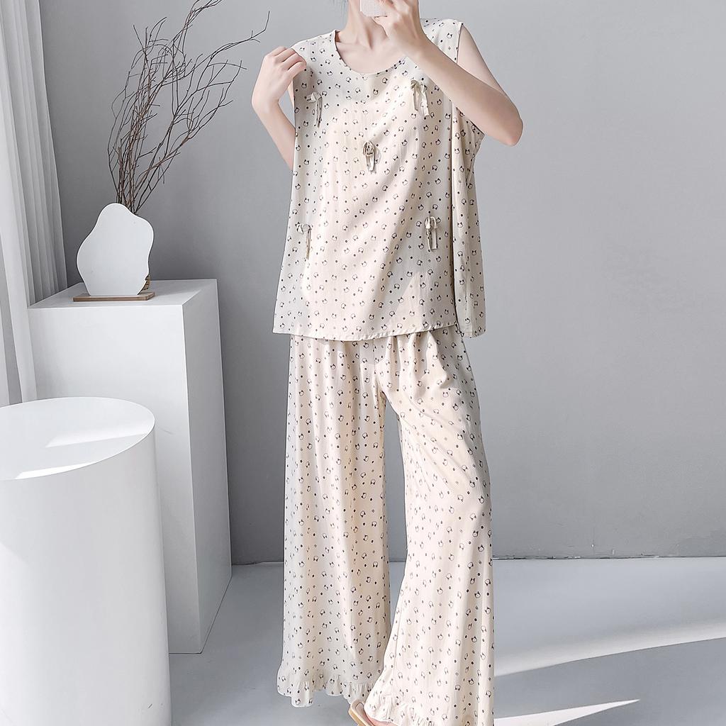1011 new pajamas with chest pads women's summer sleeveless printing high-end loungewear anti-bumping cotton and silk suit thin