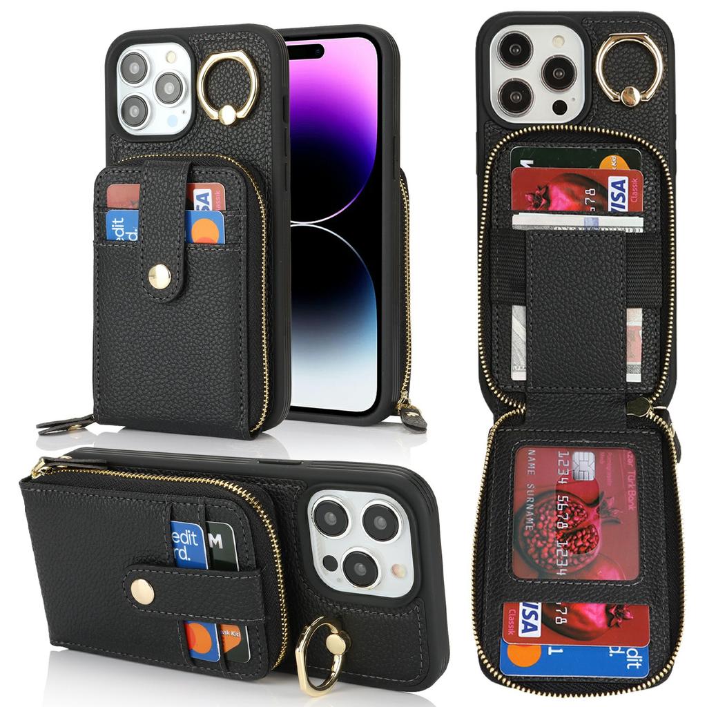 For iPhone 14 Pro Max Case with Zipper Pouch/Ring Kickstand/Strap Litchi Texture PU + TPU Phone Cover