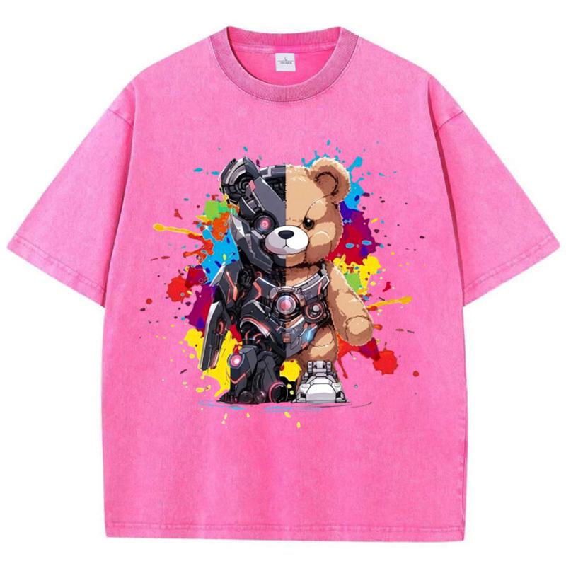 Womans Cotton Washed T-Shirts Fashion Loose O-Neck Tees Mech Warrior Bear Printing Short Sleeve Female Clothes