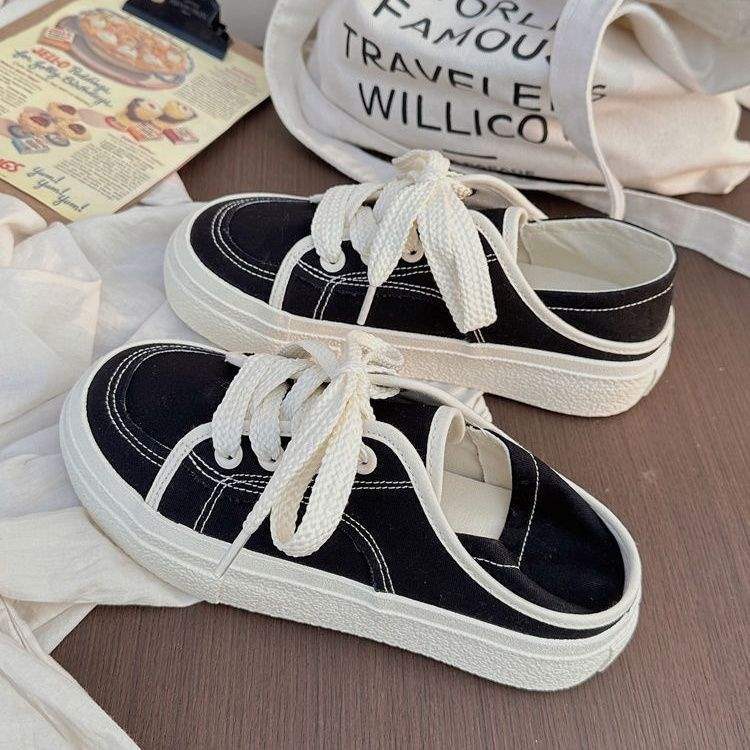 Canvas Shoes for Women 2025 Autumn and Winter Thick-soled Breathable Ins Half-drag Versatile Little White Shoes, Autumn Two Wear Casual Board Shoes Fo