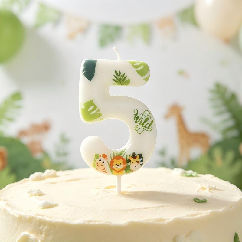 Jungle Animal Print Number Birthday Candle 0-9 Vivid Pattern Food-Safe Cake Decor for Kids Birthday Baby Shower Party Supplies
