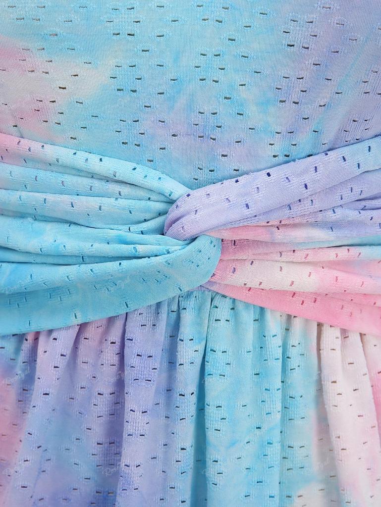 Rosegal Plus Size Ombre Colorblock Tie Dye Print Smile Chain Panel Grommets Tie Twist Hollow Out Tank Top