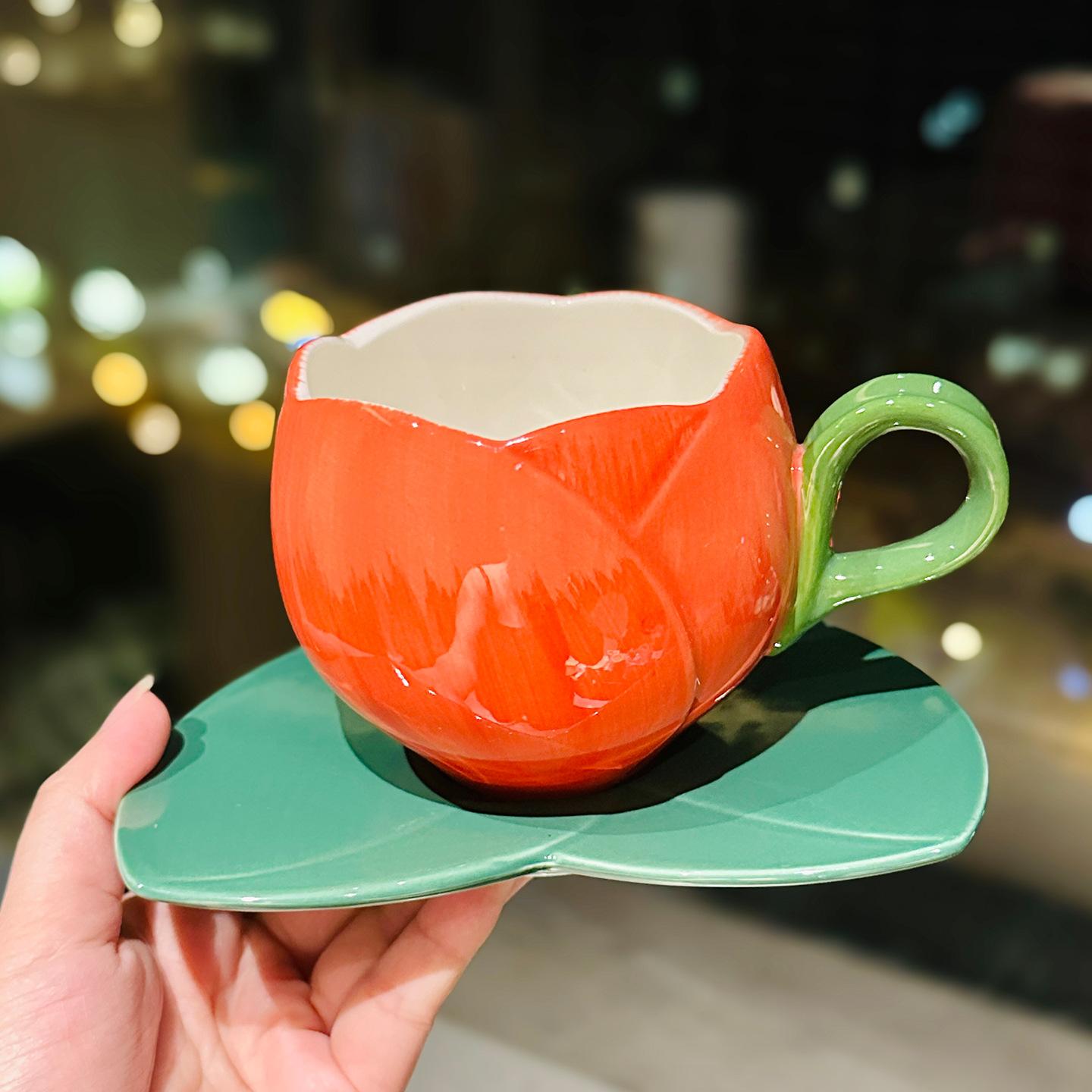 

Embossed Ceramic Tulip Shape Hand-Painted Underglaze Color Coffee Cup Office Girl Heart High Value Exquisite Cup Saucer about 300ml