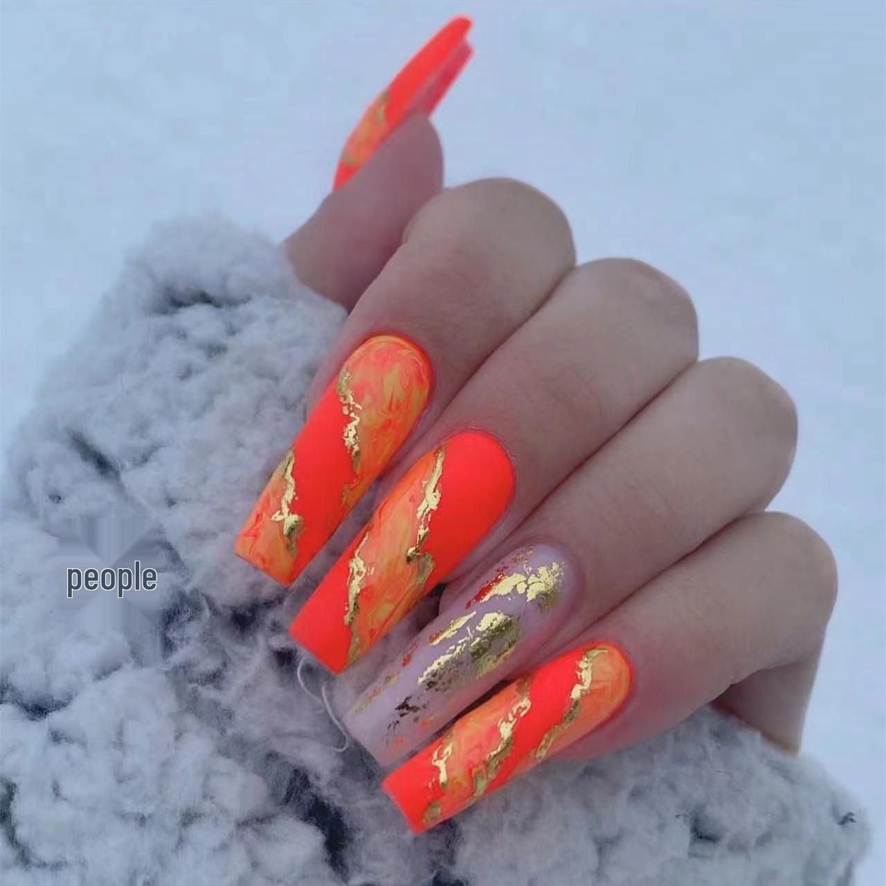 

Orange & Gold Foil Matte Ballet Long Press-On Nails