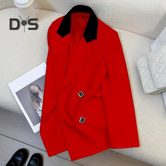 Damen Anzugjacke mit Revers, langen Ärmeln, Patchwork-Farbe, Anzugjacke mit Klappentaschen, lockere Passform, lässige Büro-Arbeitskleidung