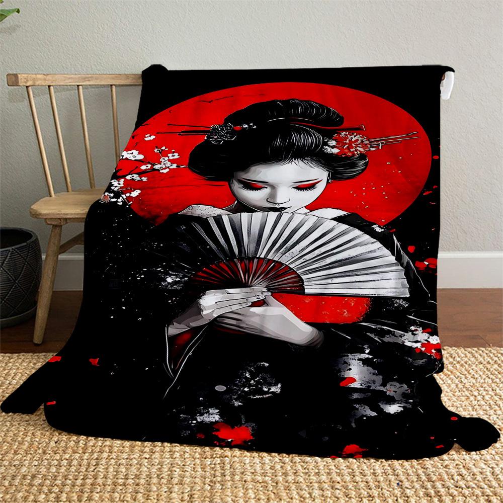 1pc Geisha Sakura Outdoor Flannel Blanket Soft Warm All-Season Throw for Sofa Bed Car Camping Office, Cozy Gift Idea1182S