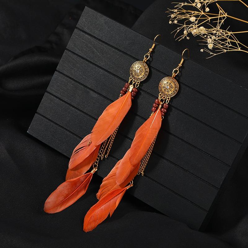 Retro Feather Fringed Earrings Women's Niche Personality Bohemian Blue Long Yunnan Travel Photography Earrings